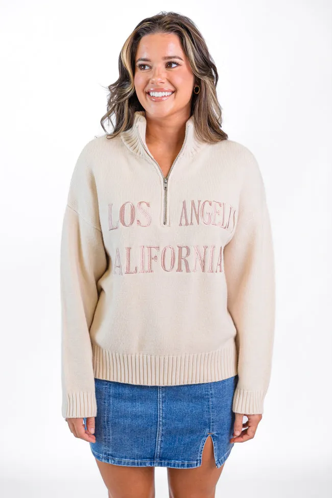 Roll With It Beige Los Angeles Embroidered Quarter Zip Sweater  SALE
