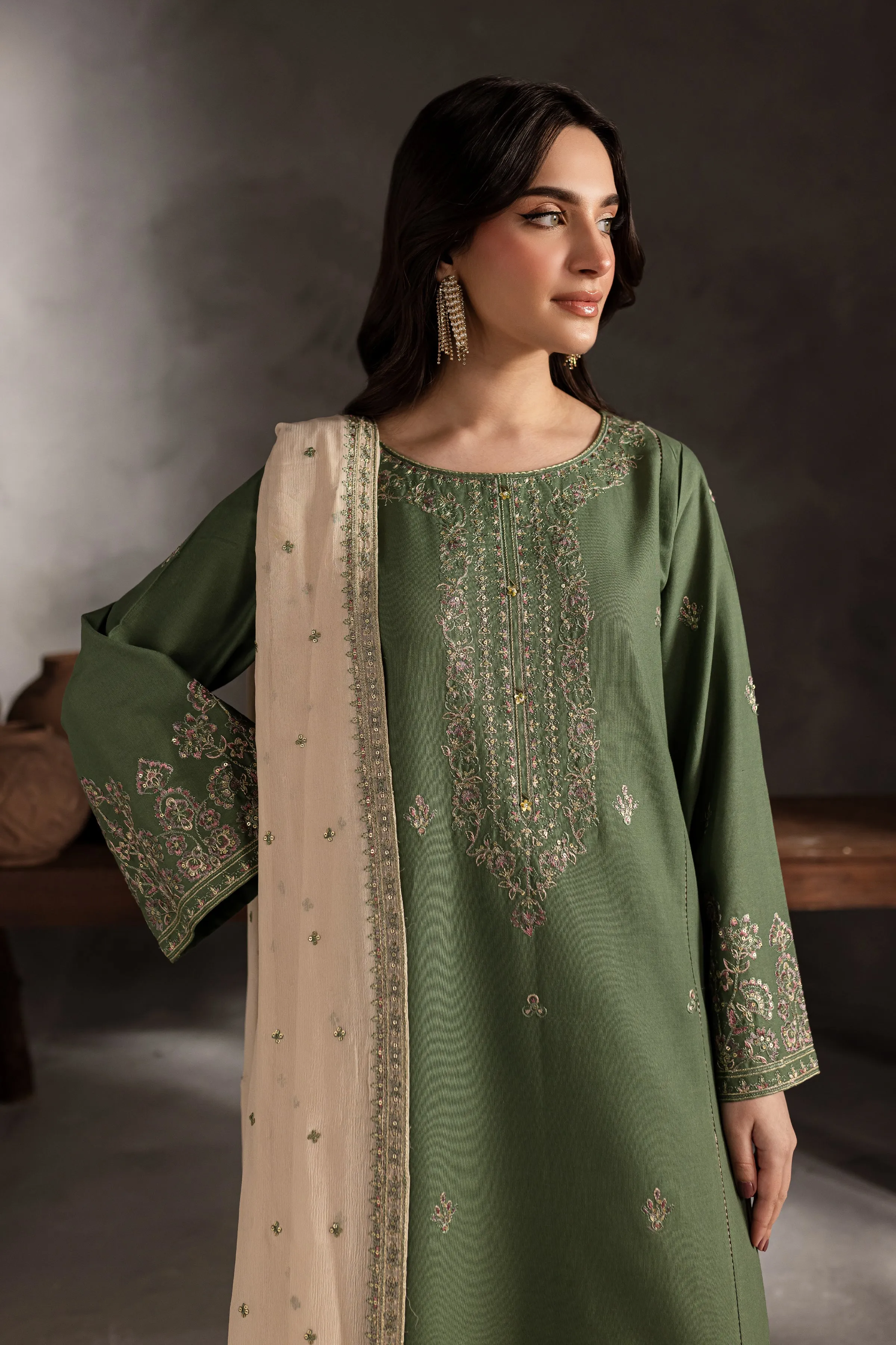 Sage Stone 3Pc - Embroidered Khaddar Dress