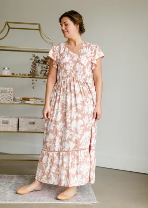 Smocked Bodice V-neck Maxi Dress