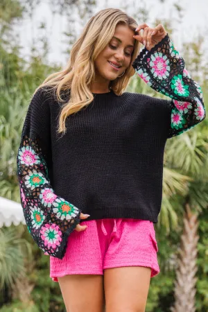 Sometime After Dark Black Crochet Sleeve Sweater FINAL SALE