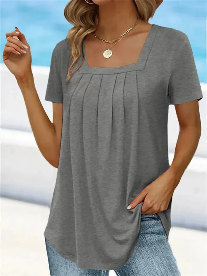 Square neck solid color short sleeve T-shirt - elegant and elegant style
