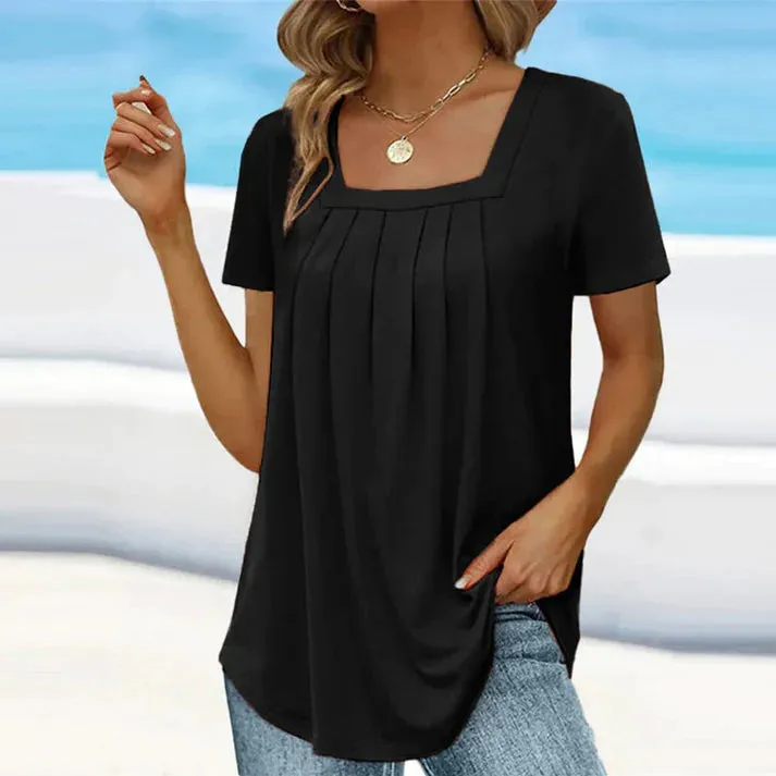 Square neck solid color short sleeve T-shirt - elegant and elegant style