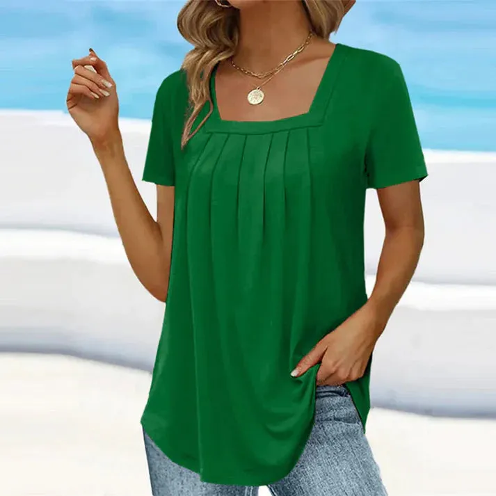 Square neck solid color short sleeve T-shirt - elegant and elegant style
