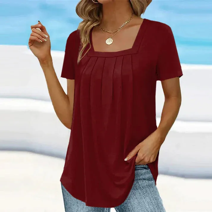 Square neck solid color short sleeve T-shirt - elegant and elegant style