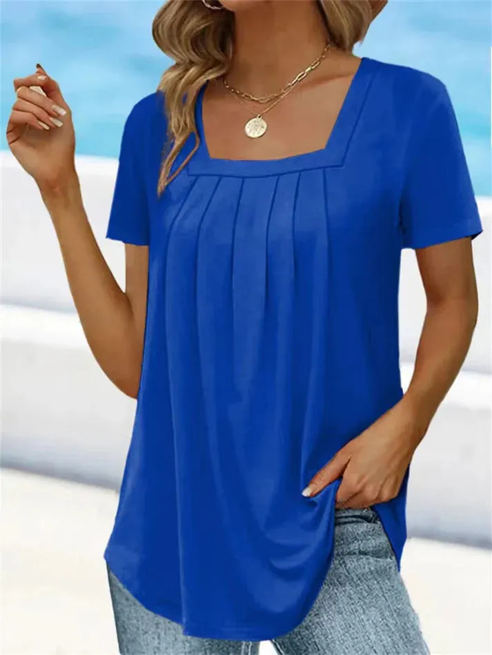 Square neck solid color short sleeve T-shirt - elegant and elegant style