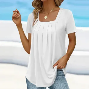 Square neck solid color short sleeve T-shirt - elegant and elegant style