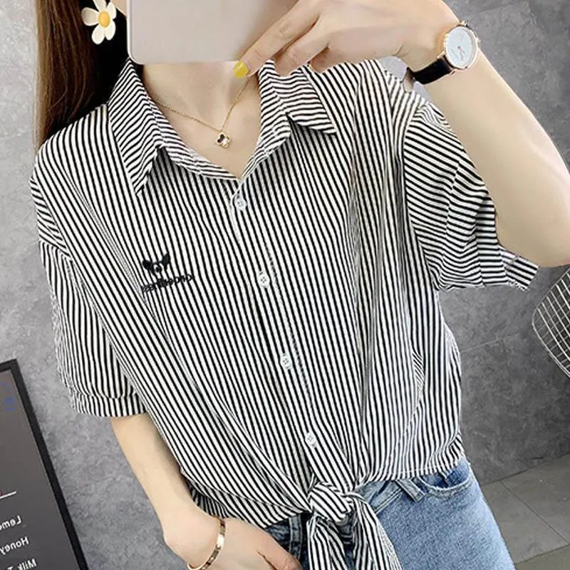 Striped Cardigan Shawl Ladies Spring/Summer Mid Sleeve Thin Shirt Top Shirt
