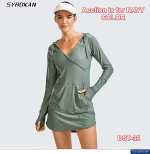 SYROKAN Womens UPF 50  Beach Swimsuit Surf Rash Guard Hoodie Long Sleeve Navy 14