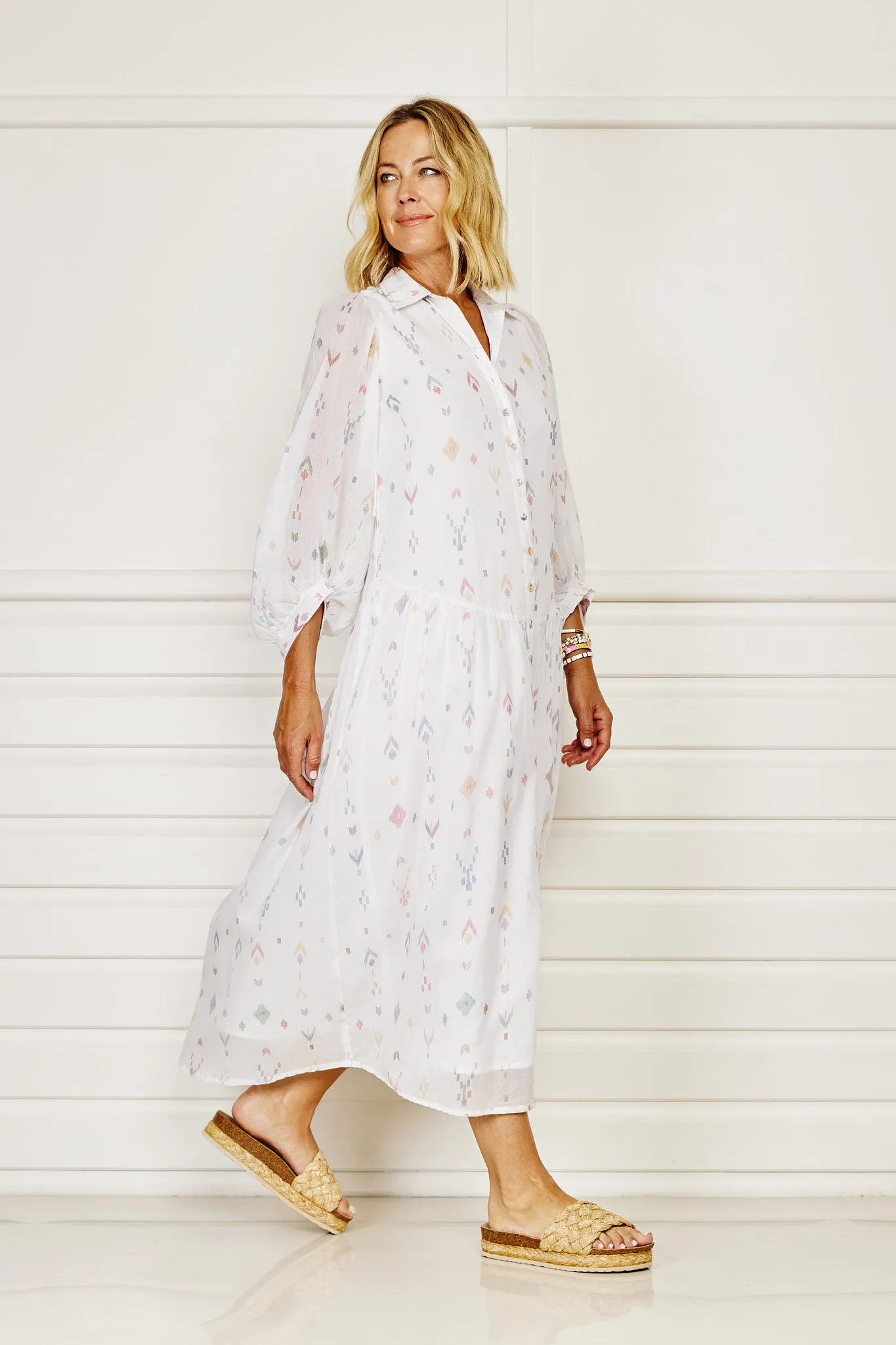 Taj Maxi Shirt Dress - White with Pastel Ikat Print