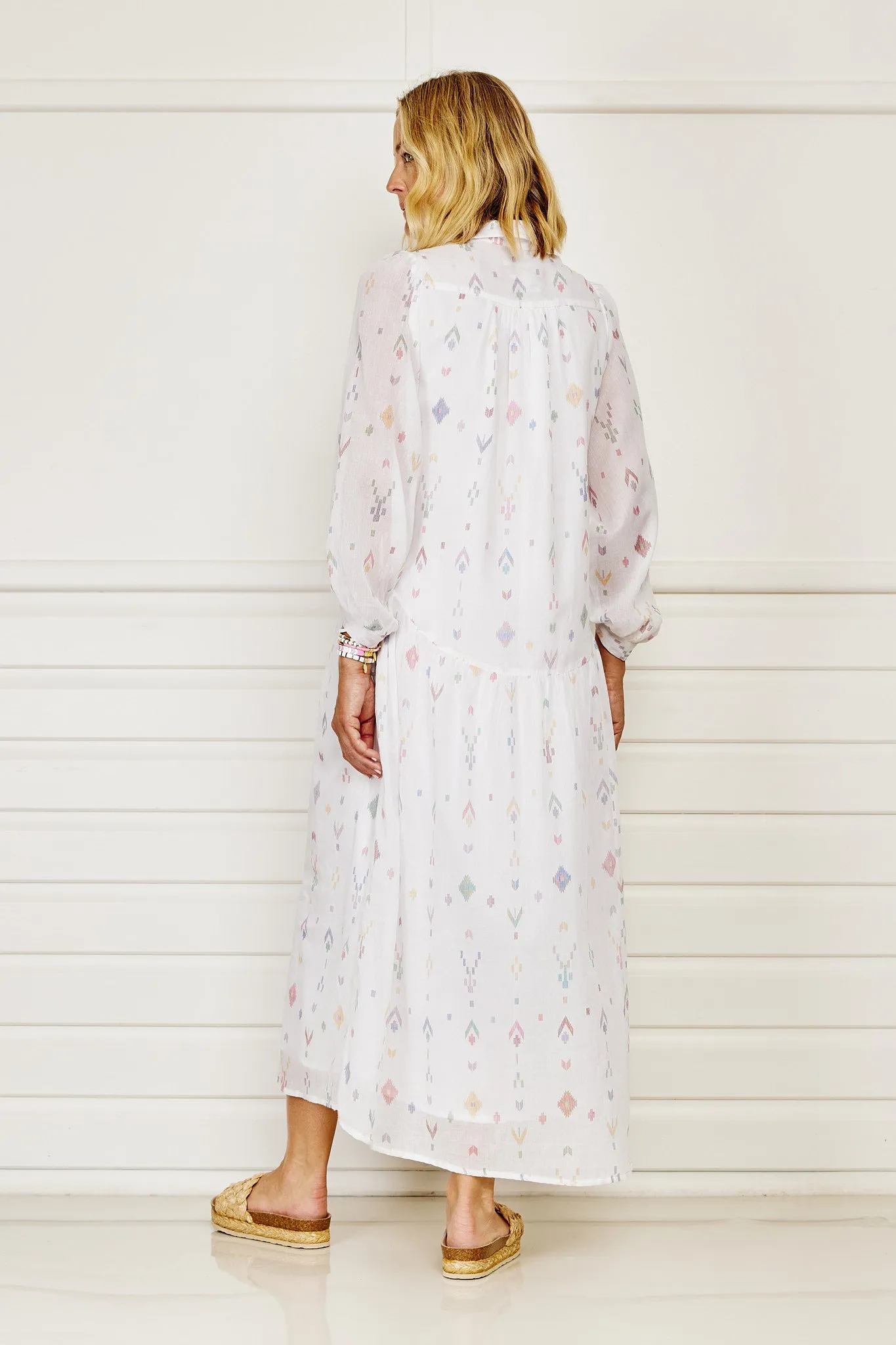 Taj Maxi Shirt Dress - White with Pastel Ikat Print