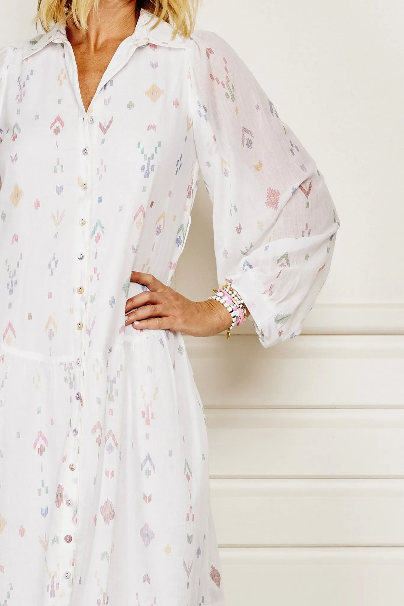 Taj Maxi Shirt Dress - White with Pastel Ikat Print