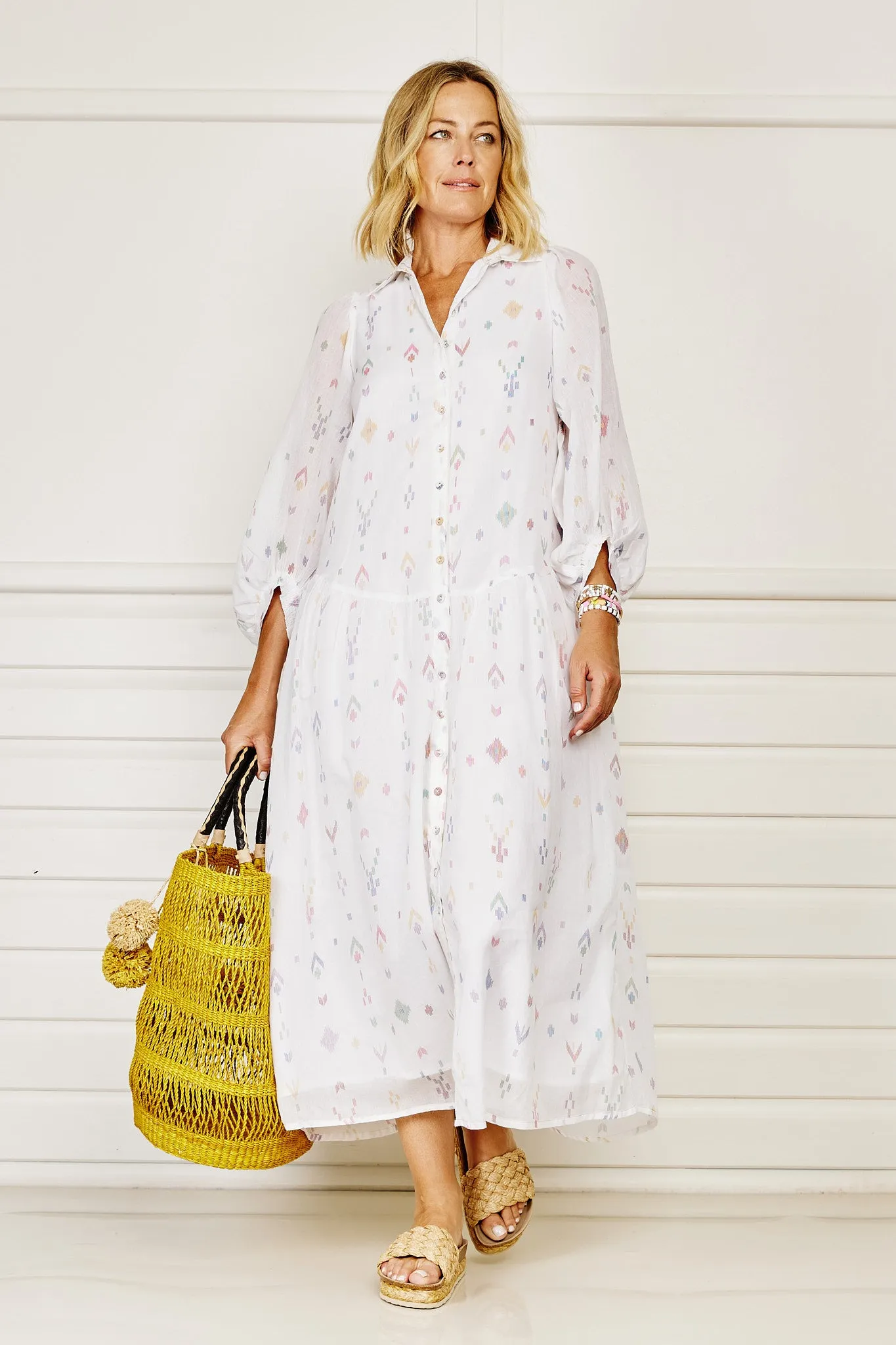 Taj Maxi Shirt Dress - White with Pastel Ikat Print