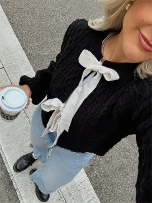 thanksgiving outfit JazzHer New Fashion Women Knit Sweater Front Bowknot Tie-Up Long Sleeve Pullovers Fall Winter Casual Jumpers Tops Hot Sale S-XL