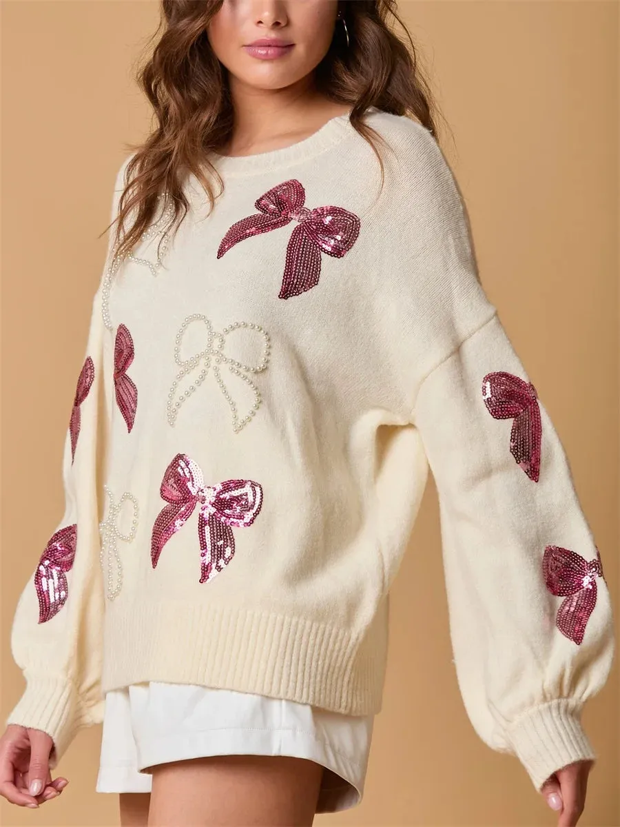 thanksgiving outfit JazzHer New Fashion Women Knit Sweater Pearl Sequins Bowknot Embroidery Long Sleeve Round Neck Pullovers Fall Winter Casual Jumpers Tops