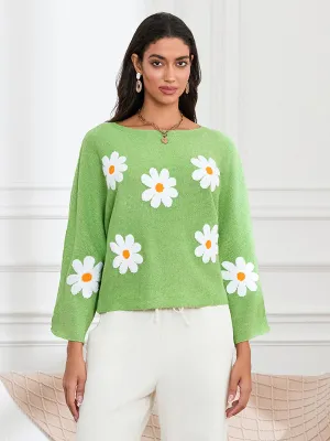 thanksgiving outfit JazzHer Women Loose Knit Sweater Sweet Flower Embroidered Long Sleeve Boat Neck Pullovers Spring Fall Casual Jumpers Tops