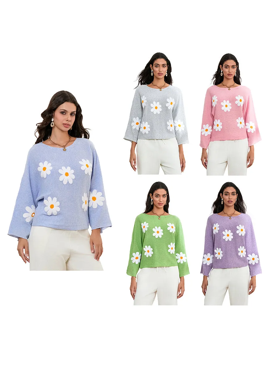 thanksgiving outfit JazzHer Women Loose Knit Sweater Sweet Flower Embroidered Long Sleeve Boat Neck Pullovers Spring Fall Casual Jumpers Tops