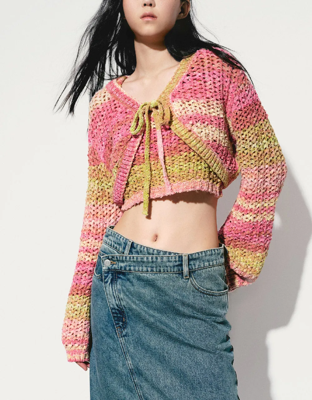 Tie Front Striped Knitted Cardigan