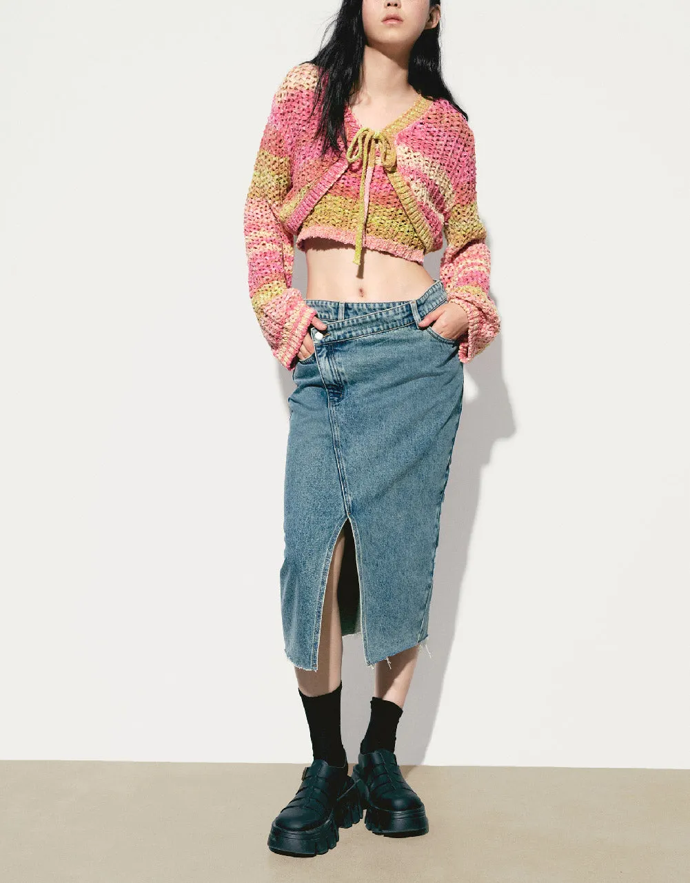 Tie Front Striped Knitted Cardigan