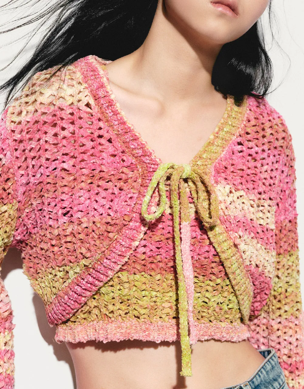 Tie Front Striped Knitted Cardigan