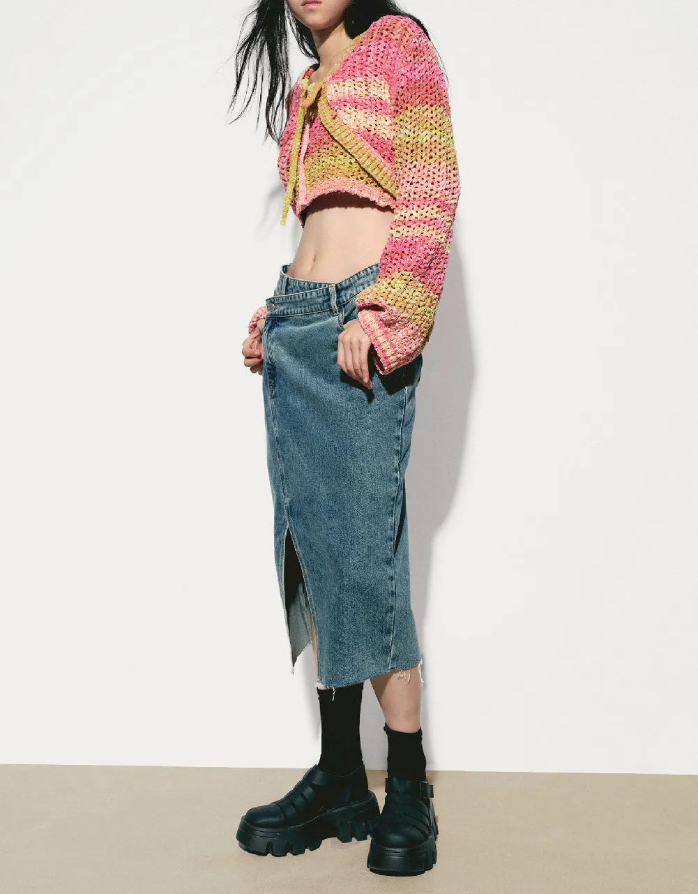 Tie Front Striped Knitted Cardigan