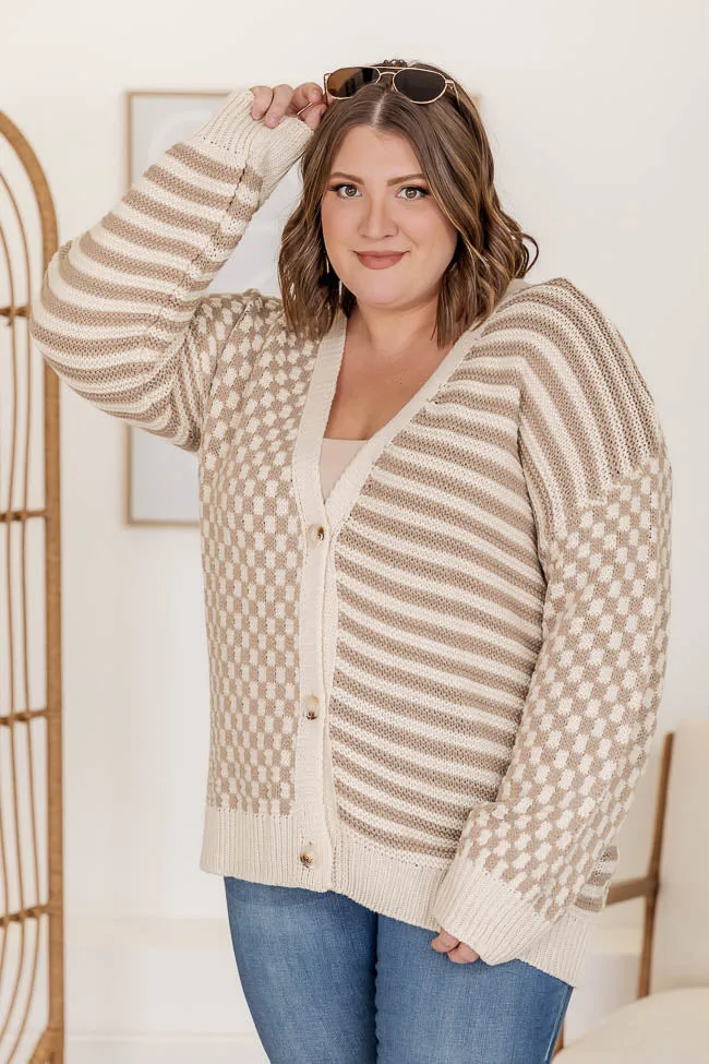 Time To Waste Oversized Beige Checkered and Striped Cardigan FINAL SALE
