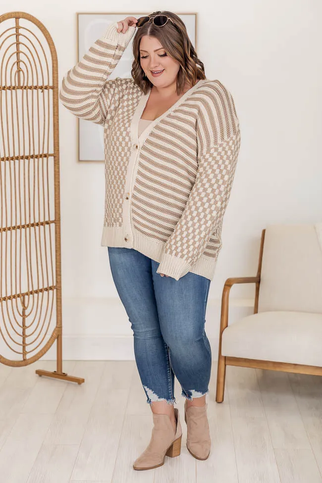 Time To Waste Oversized Beige Checkered and Striped Cardigan FINAL SALE