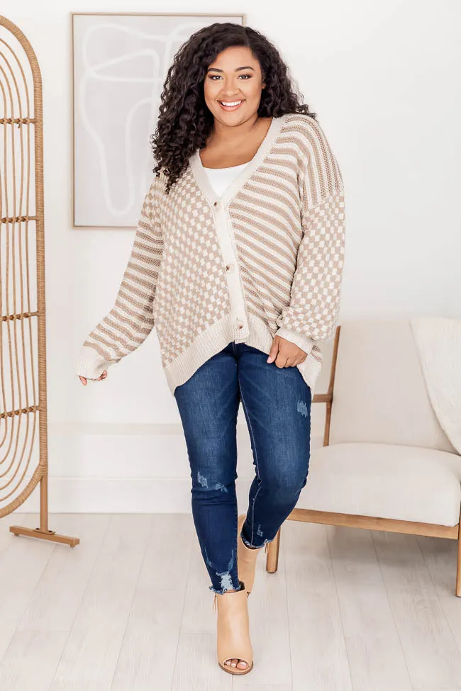 Time To Waste Oversized Beige Checkered and Striped Cardigan FINAL SALE