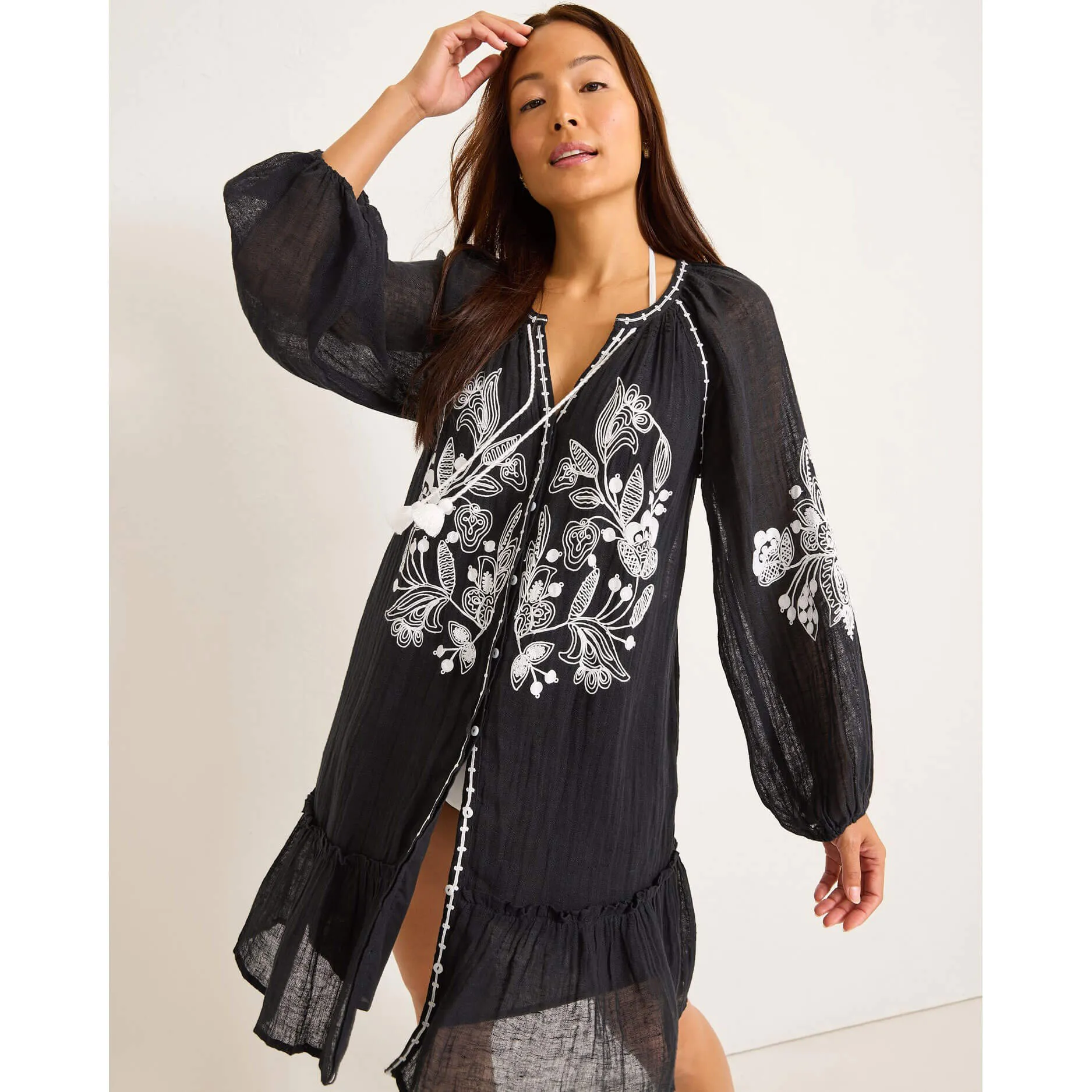 Tommy Bahama Womens Linen Gauze Tunic Dress Coverup - Black