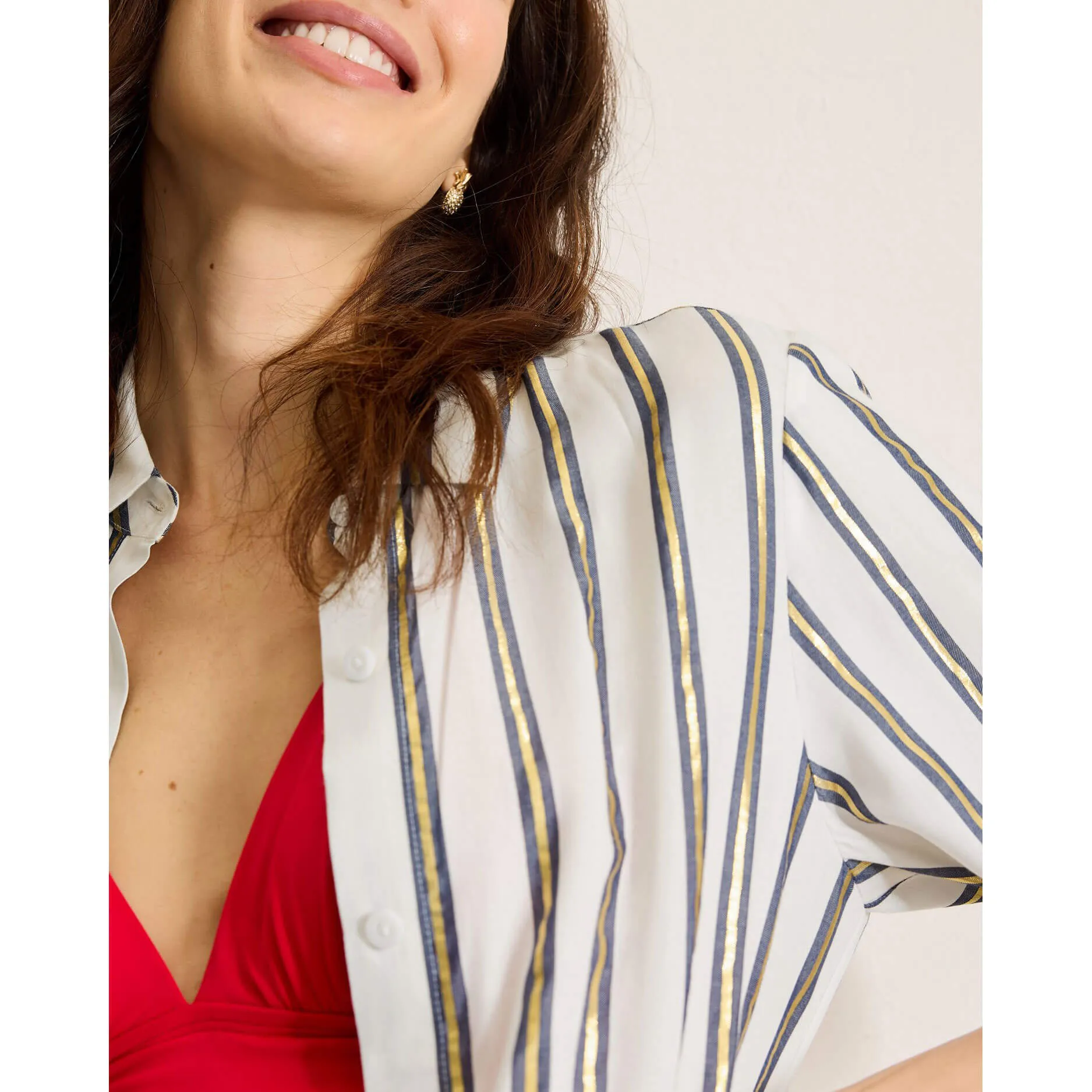 Tommy Bahama Womens Shimmer Stripe Boyfriend Shirt Coverup - Mare Navy