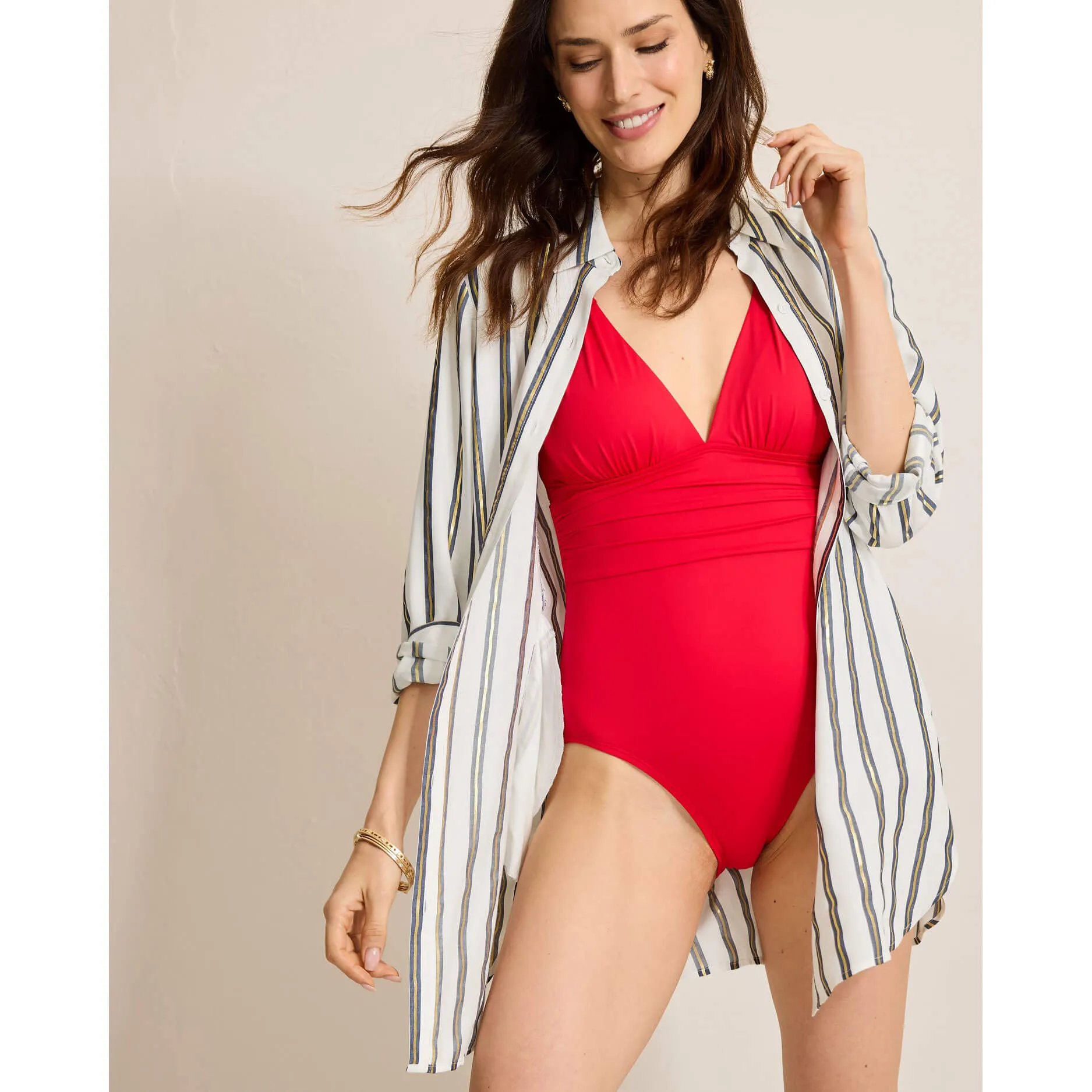 Tommy Bahama Womens Shimmer Stripe Boyfriend Shirt Coverup - Mare Navy