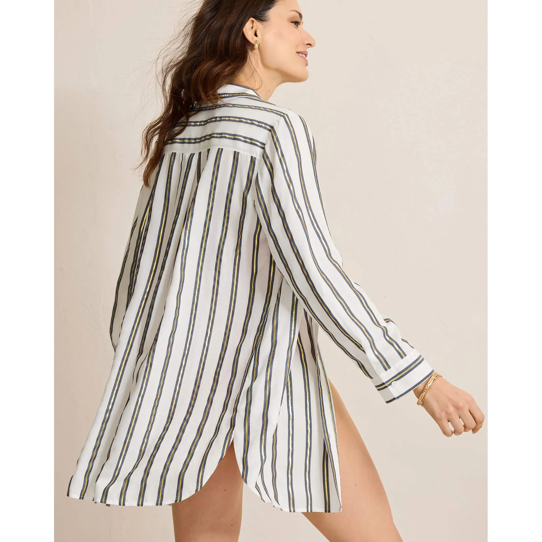Tommy Bahama Womens Shimmer Stripe Boyfriend Shirt Coverup - Mare Navy