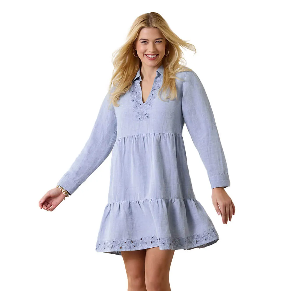 Tommy Bahama Womens St. Lucia Embroidered Collar Dress Coverup - Billowy Blue