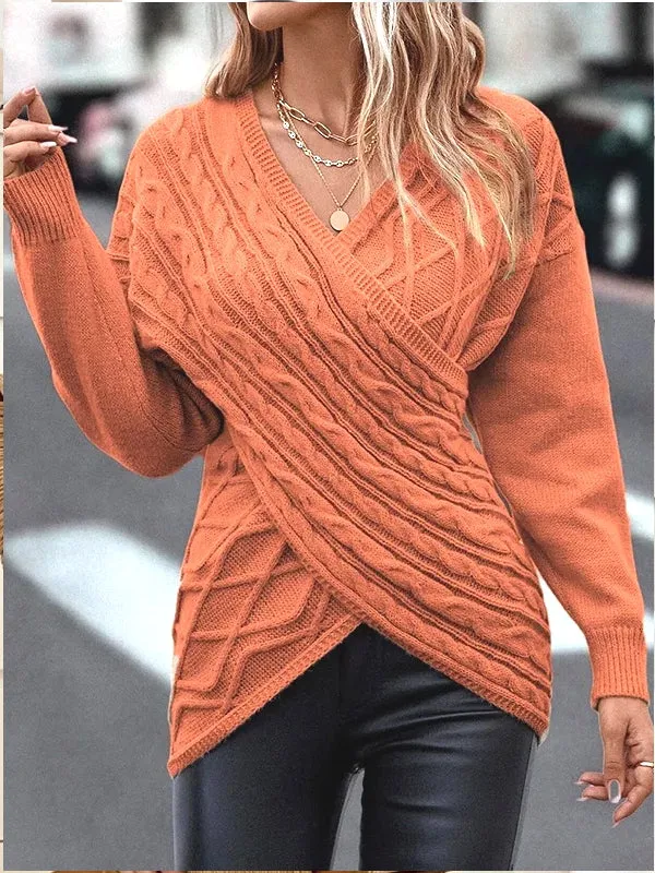 V Neck Knitted Sweater Women Off Shoulder Pullovers