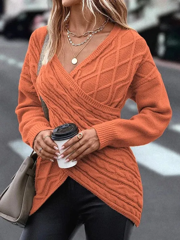 V Neck Knitted Sweater Women Off Shoulder Pullovers