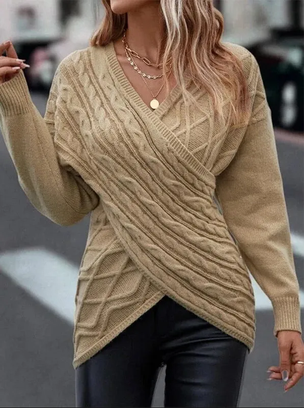V Neck Knitted Sweater Women Off Shoulder Pullovers