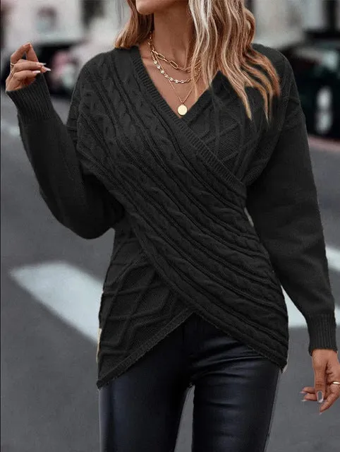 V Neck Knitted Sweater Women Off Shoulder Pullovers