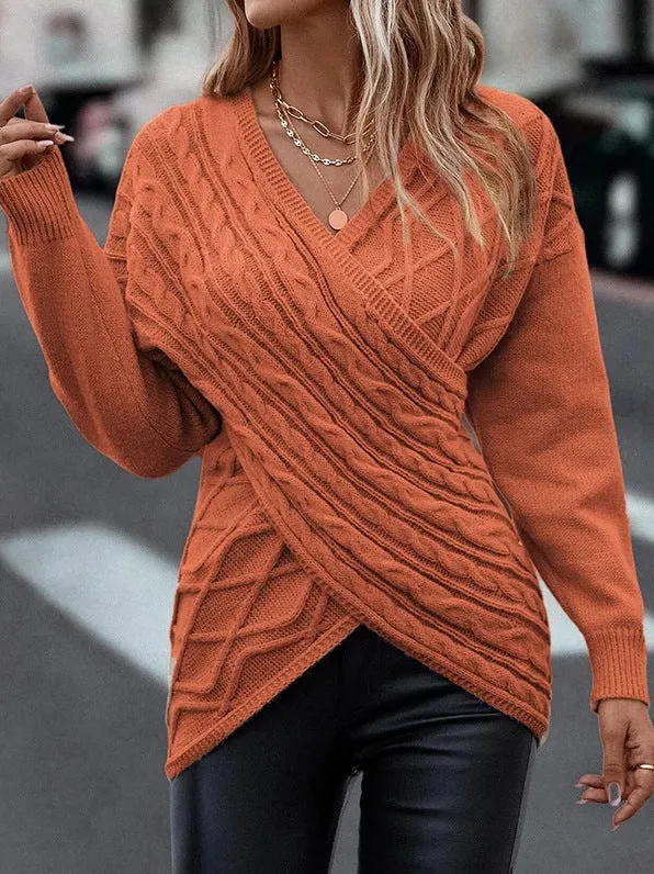 V Neck Knitted Sweater Women Off Shoulder Pullovers