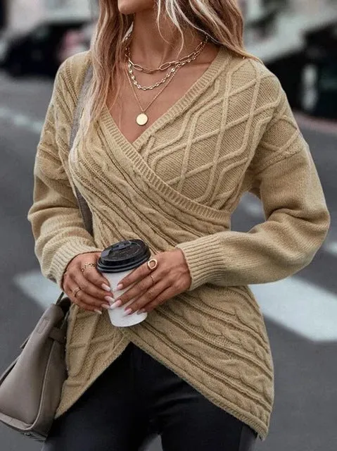 V Neck Knitted Sweater Women Off Shoulder Pullovers