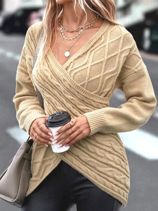 V Neck Knitted Sweater Women Off Shoulder Pullovers