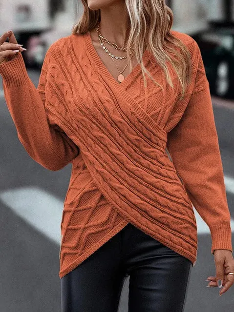 V Neck Knitted Sweater Women Off Shoulder Pullovers