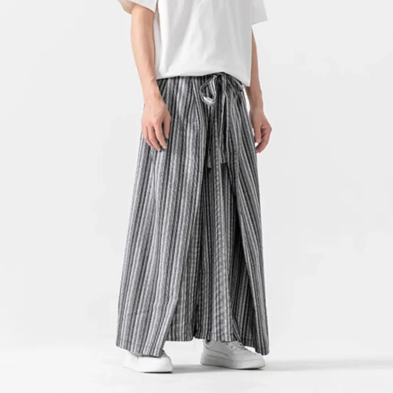 Vintage Striped Linen Thin Loose Wide Leg Culottes