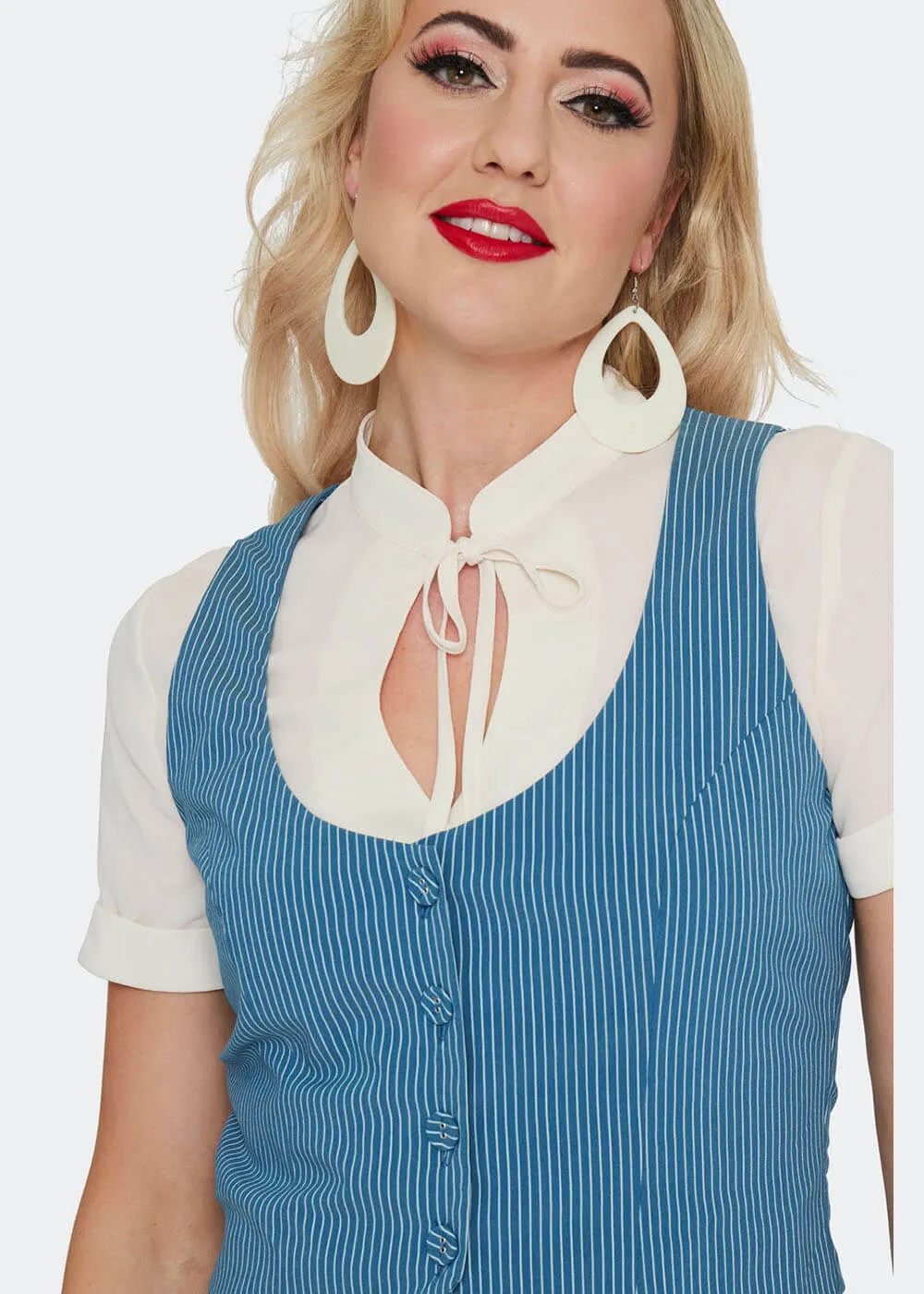 Voodoo Vixen Pinstripe 40's Waistcoat Blue