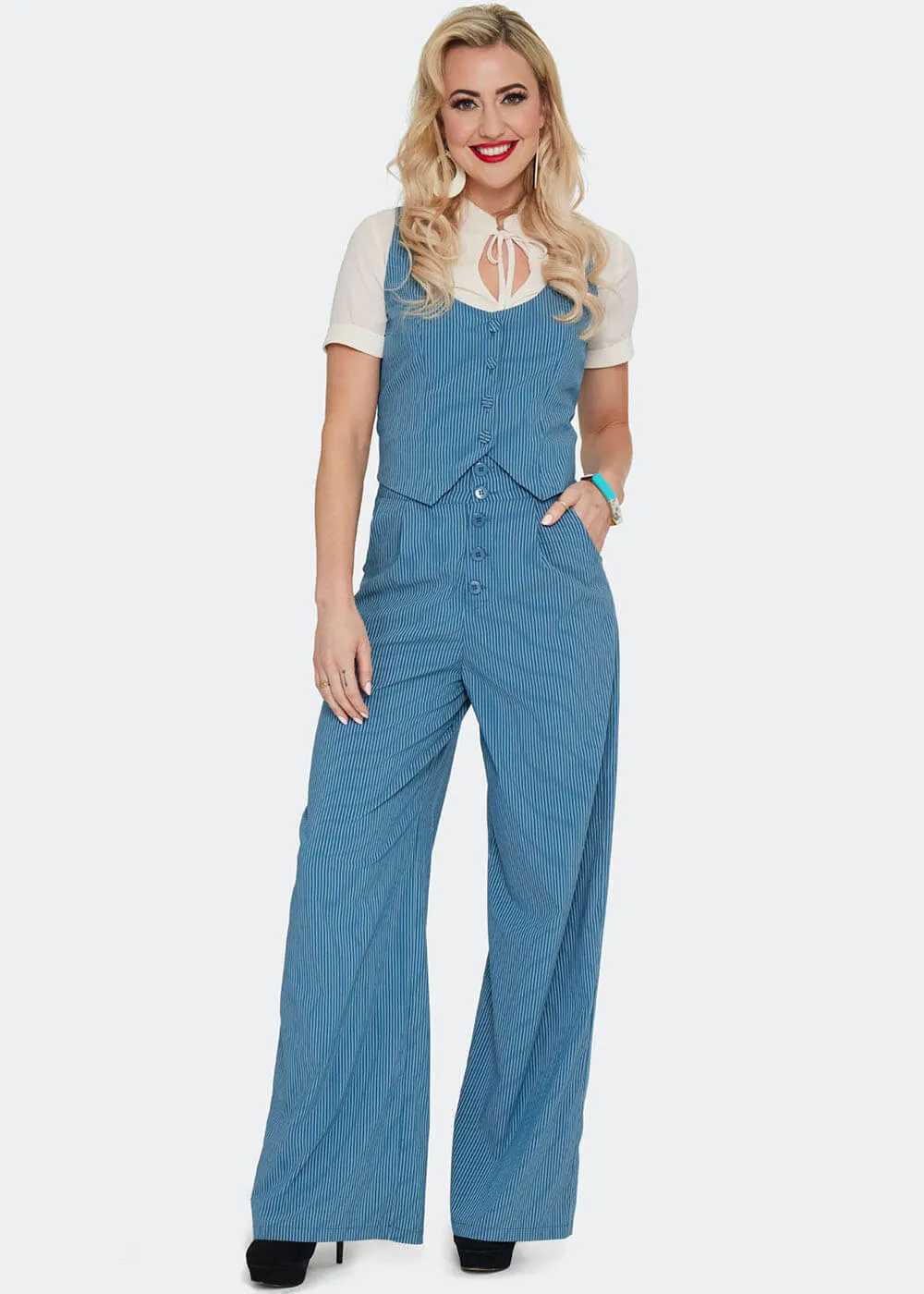 Voodoo Vixen Pinstripe 40's Waistcoat Blue
