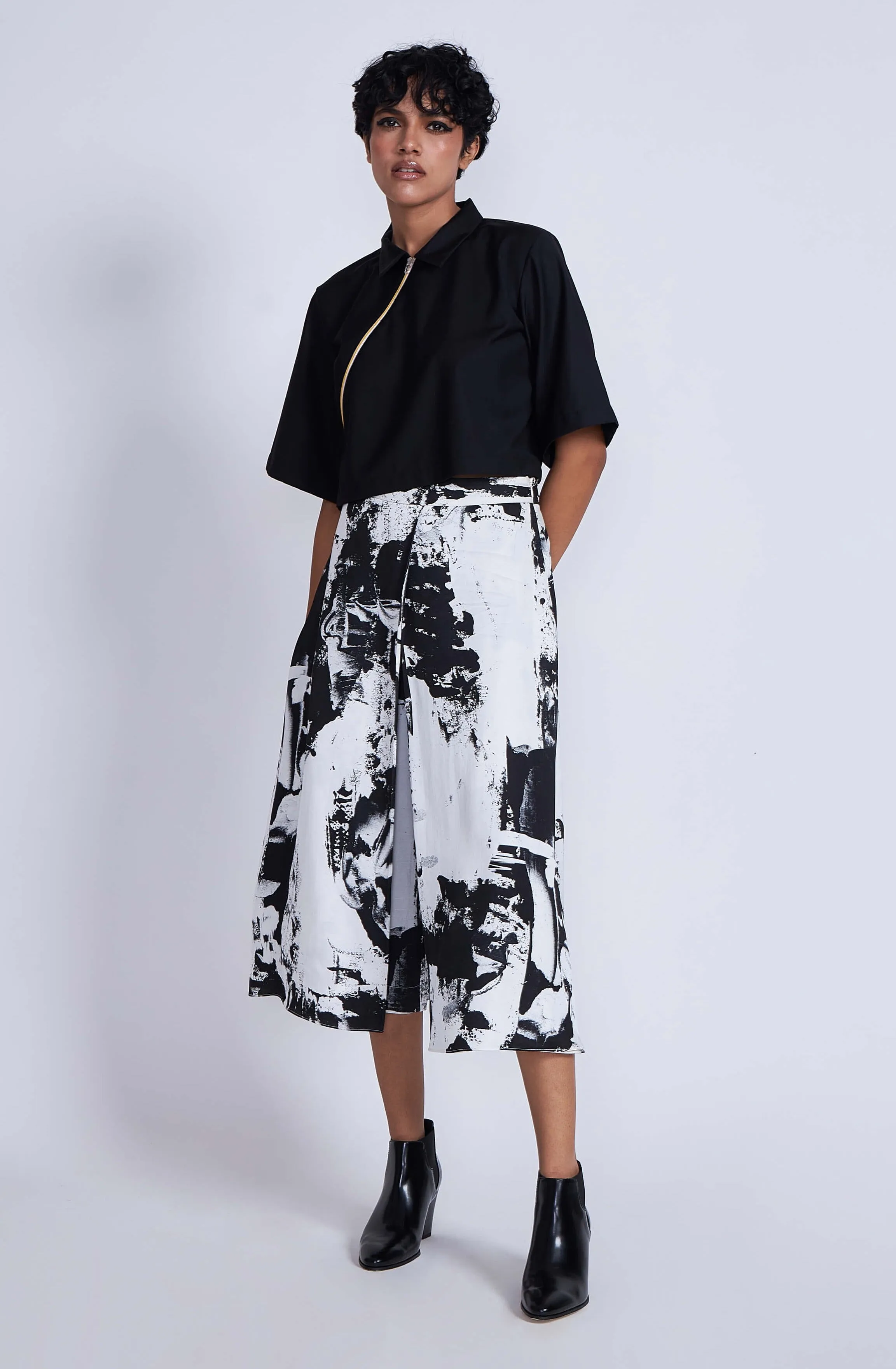 White black kafka layered culottes