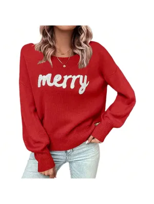 Women Christmas Cute Sweaters Casual Letter Embroidery Comfy Warm Long Sleeve Pullover Basic Knitwear For Streetwear