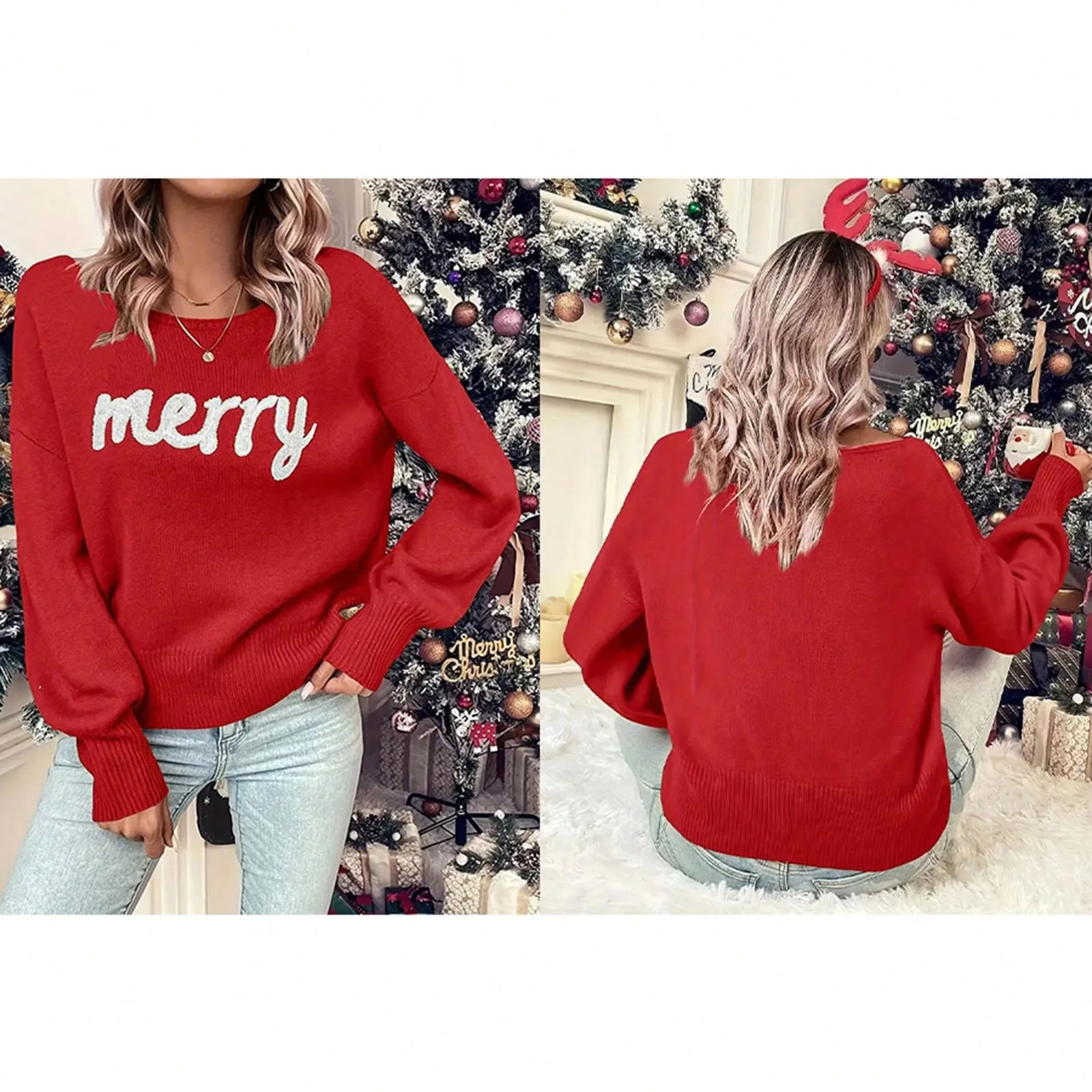 Women Christmas Cute Sweaters Casual Letter Embroidery Comfy Warm Long Sleeve Pullover Basic Knitwear For Streetwear