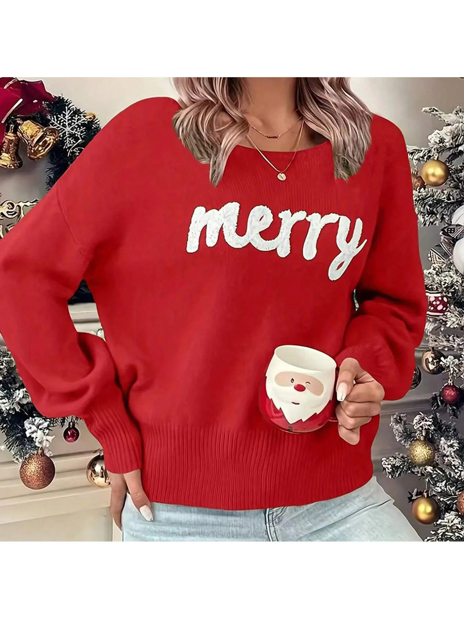 Women Christmas Cute Sweaters Casual Letter Embroidery Comfy Warm Long Sleeve Pullover Basic Knitwear For Streetwear