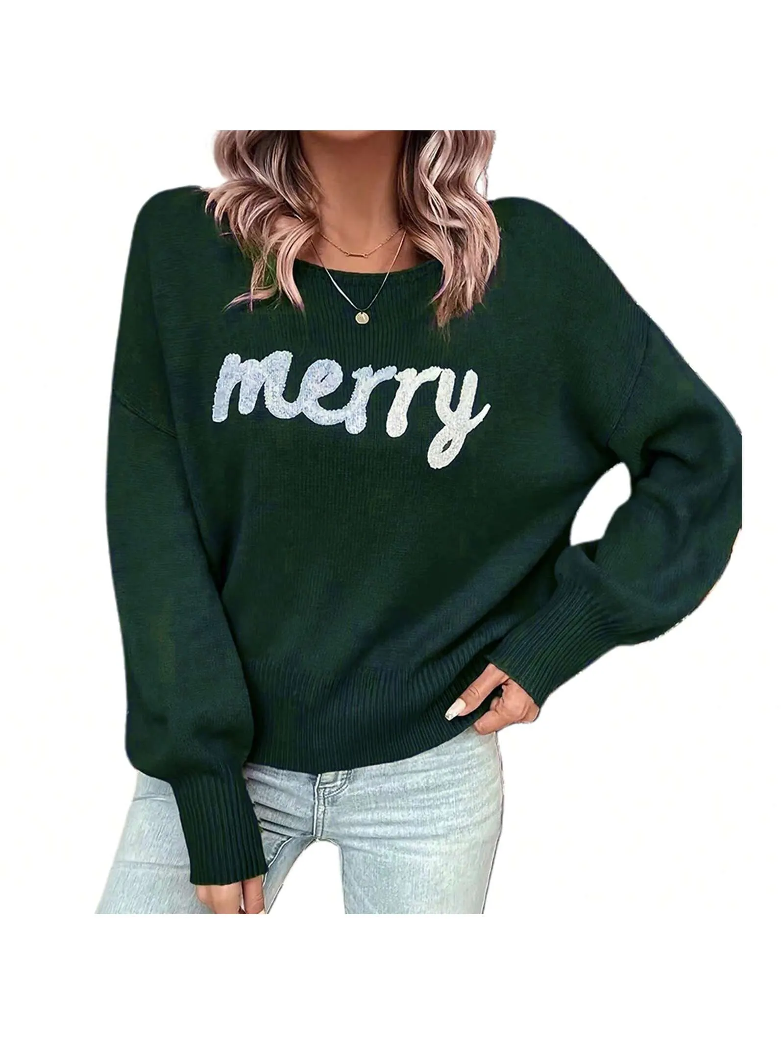 Women Christmas Cute Sweaters Casual Letter Embroidery Comfy Warm Long Sleeve Pullover Basic Knitwear For Streetwear