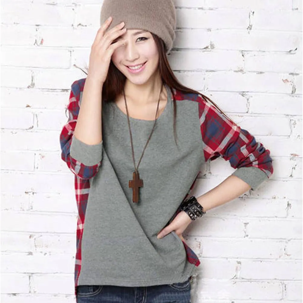 Women Long Sleeve Sweatshirt Crew Neck Plaids Check Loose Hoodies Women