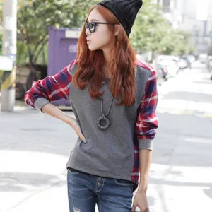 Women Long Sleeve Sweatshirt Crew Neck Plaids Check Loose Hoodies Women
